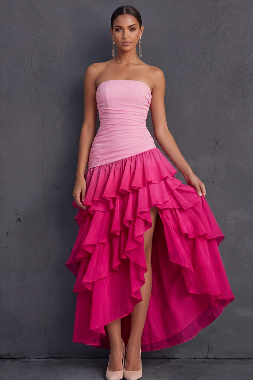 Black Strapless A Line Ruffled Tiered Midi Wedding Guest Dress with Slit