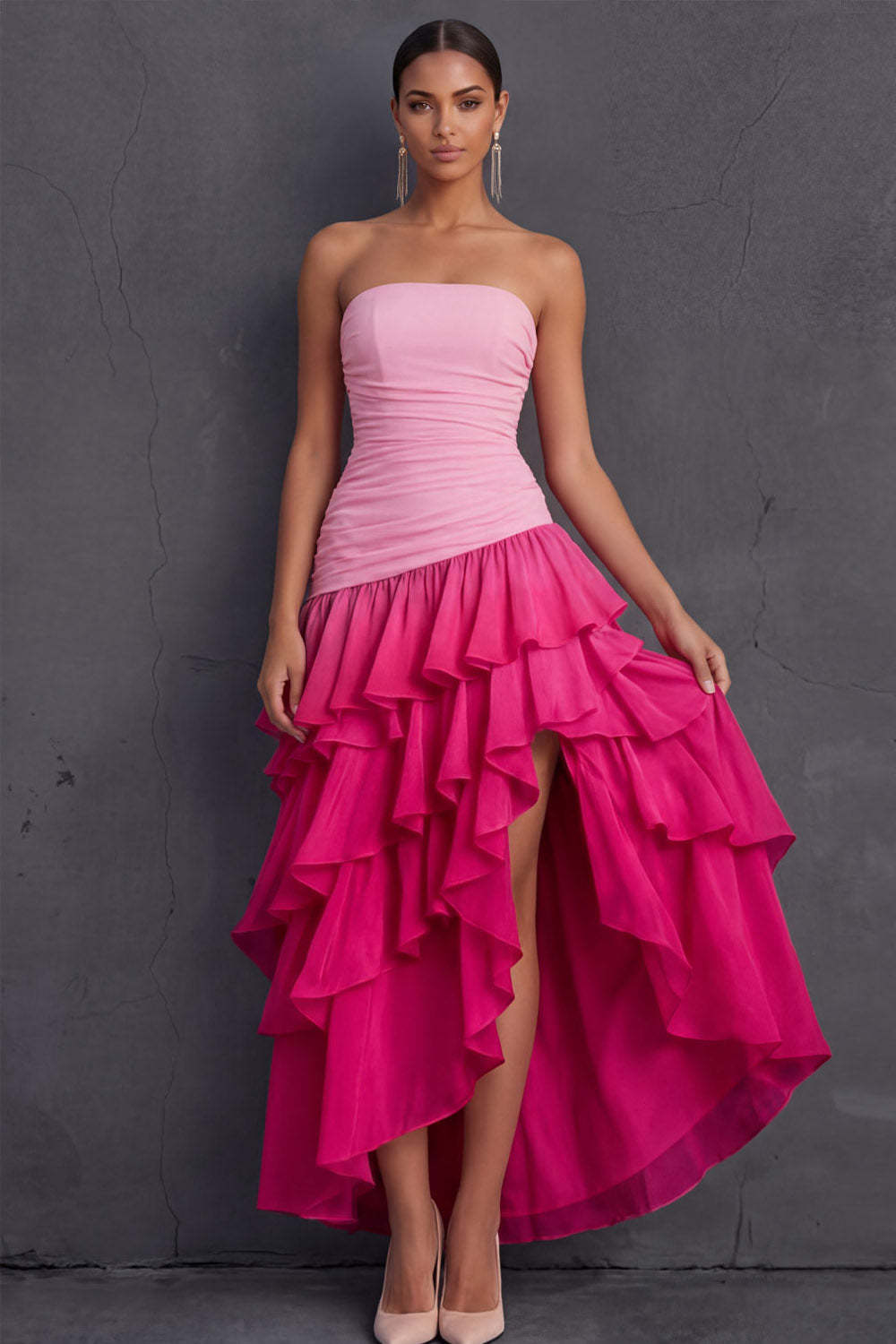 Black Strapless A Line Ruffled Tiered Midi Wedding Guest Dress with Slit