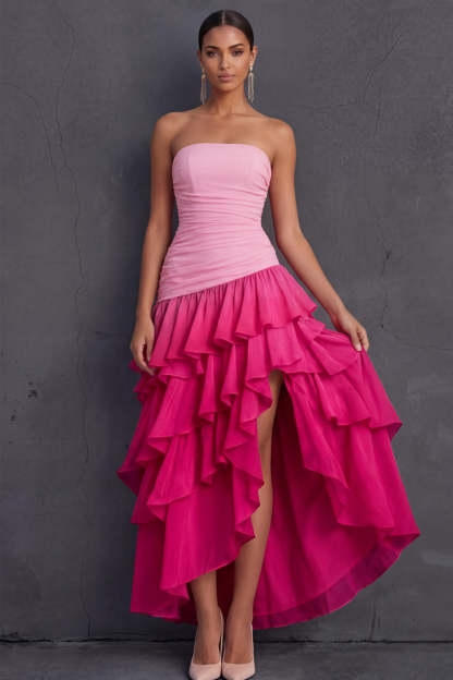 Black Strapless A Line Ruffled Tiered Midi Wedding Guest Dress with Slit