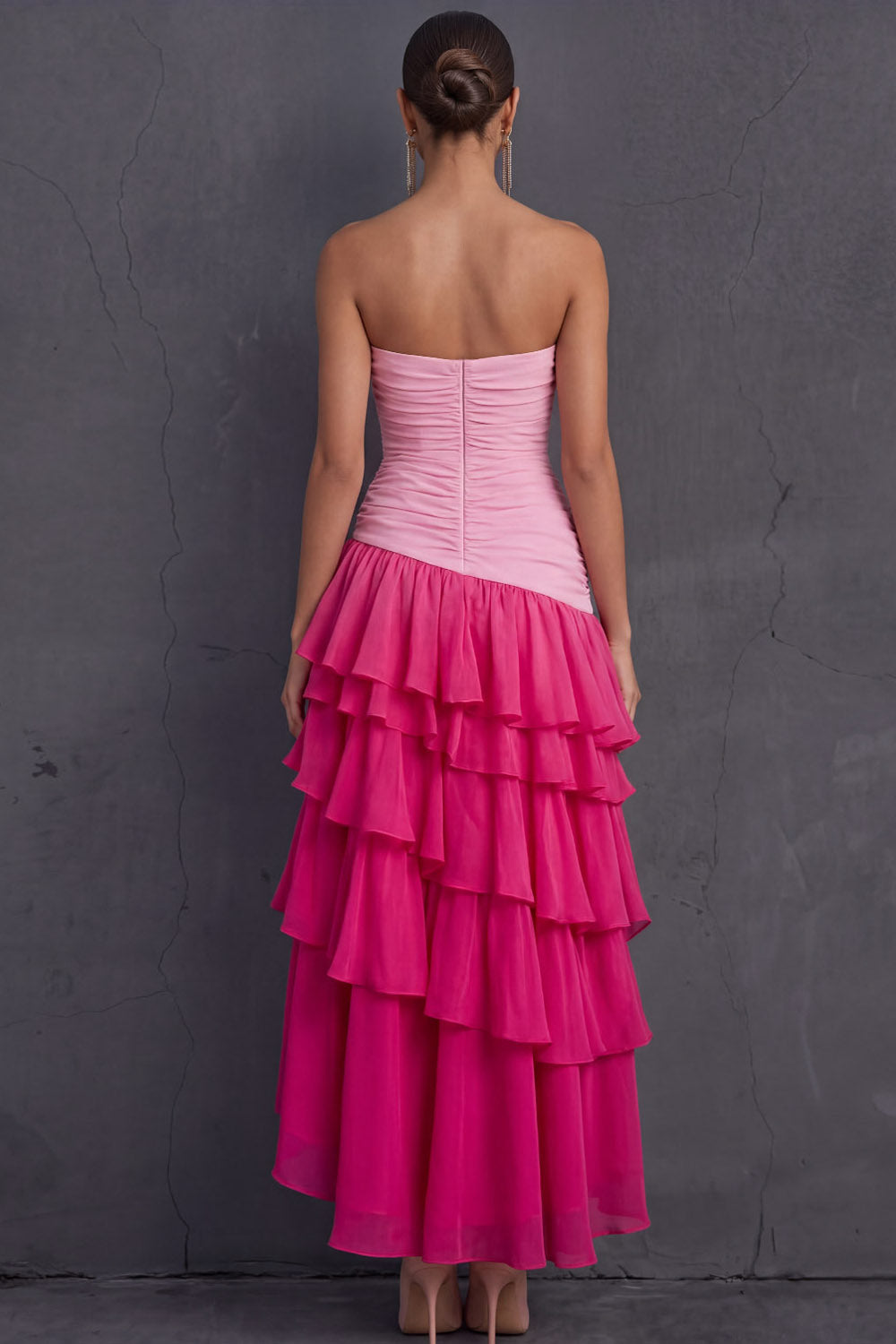 Black Strapless A Line Ruffled Tiered Midi Wedding Guest Dress with Slit