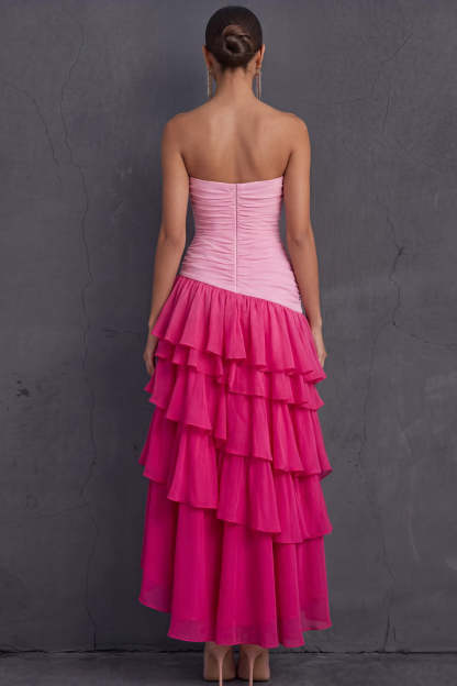 Black Strapless A Line Ruffled Tiered Midi Wedding Guest Dress with Slit