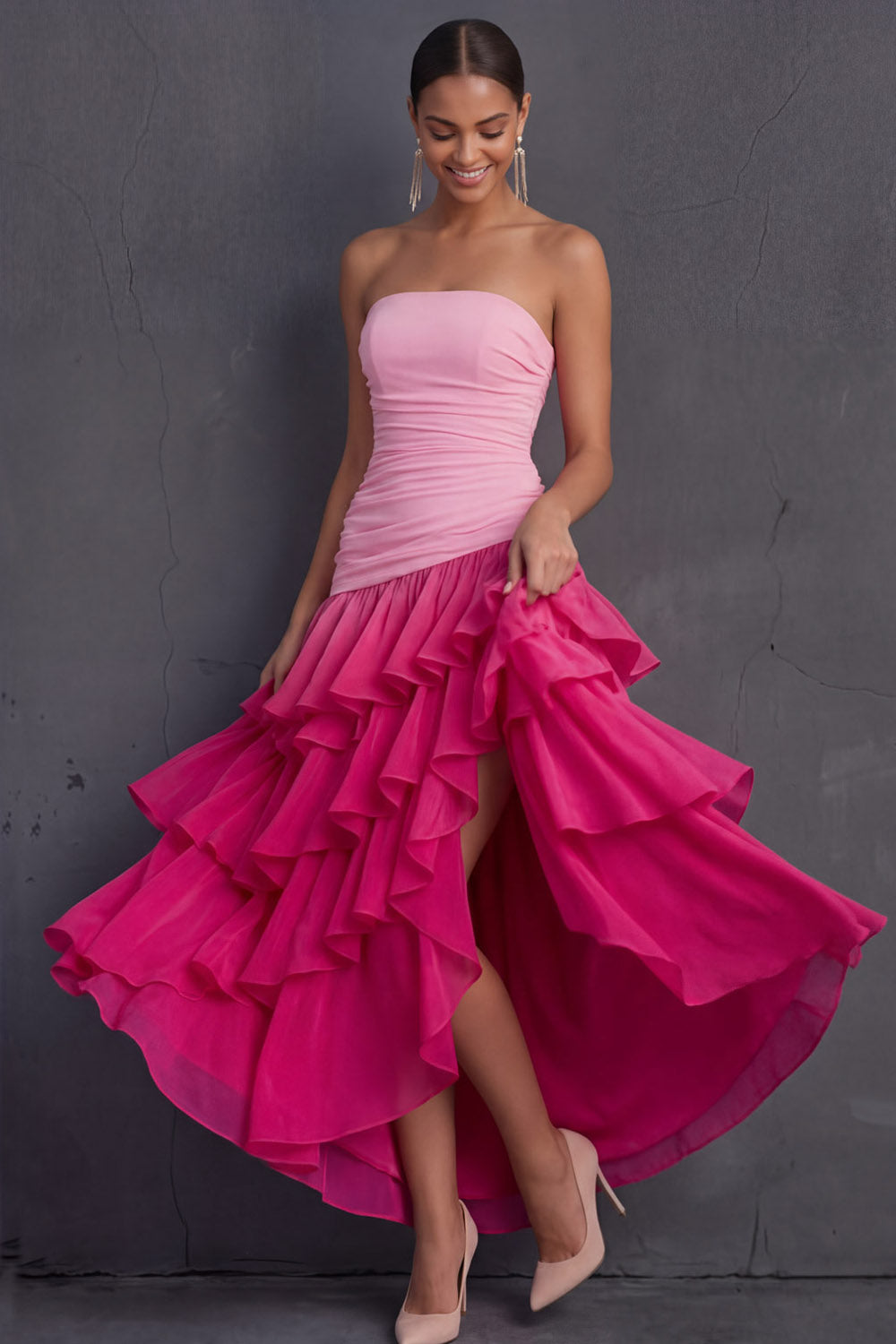 Black Strapless A Line Ruffled Tiered Midi Wedding Guest Dress with Slit