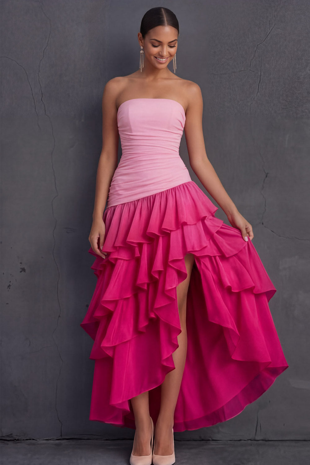 Black Strapless A Line Ruffled Tiered Midi Wedding Guest Dress with Slit