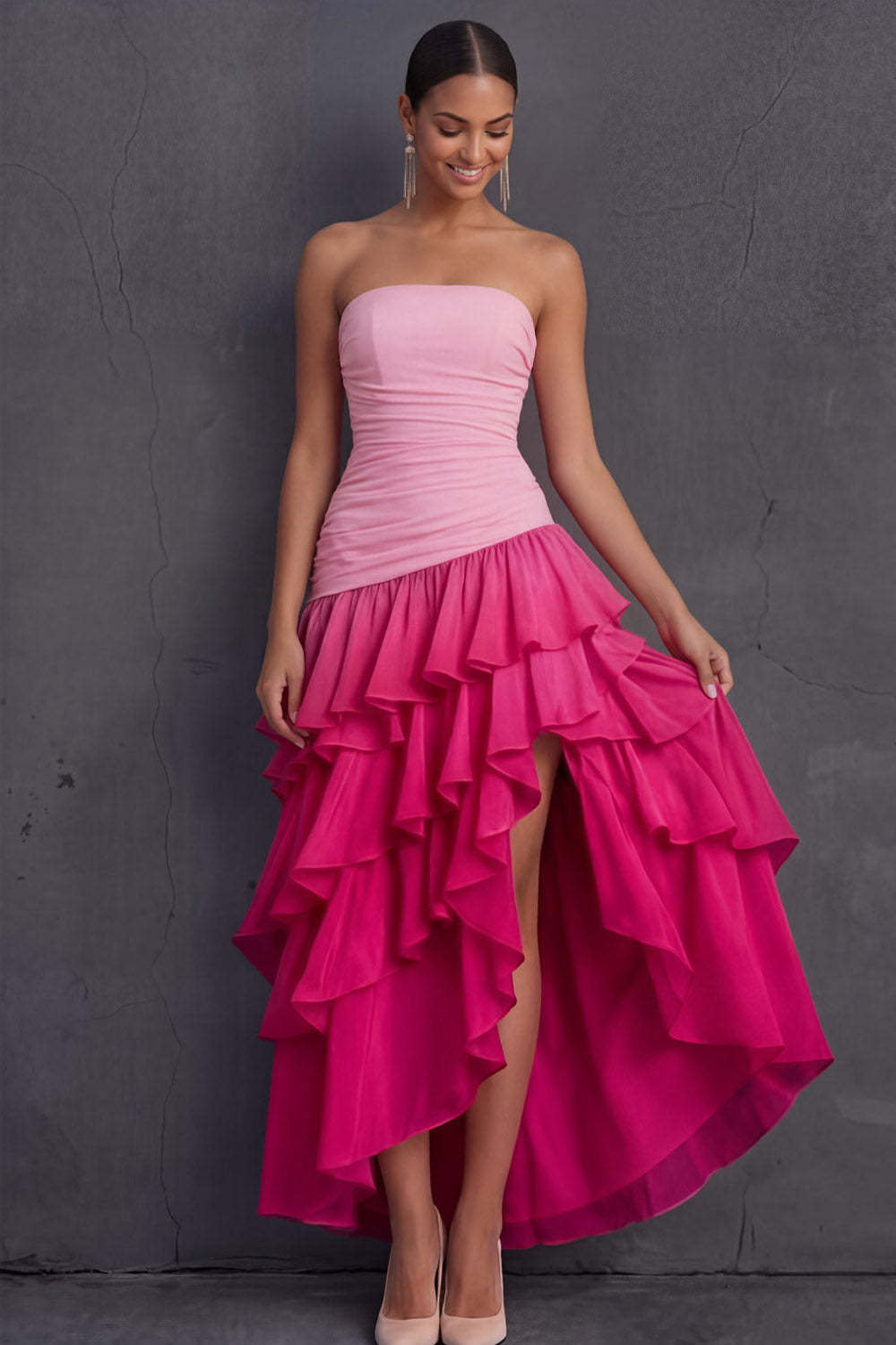Black Strapless A Line Ruffled Tiered Midi Wedding Guest Dress with Slit
