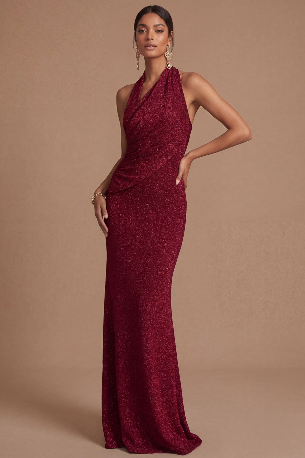 Leely Women Burgundy Mermaid Halter Neck Long Wedding Guest Dress Ruched Backless Sleeveless Formal Dress