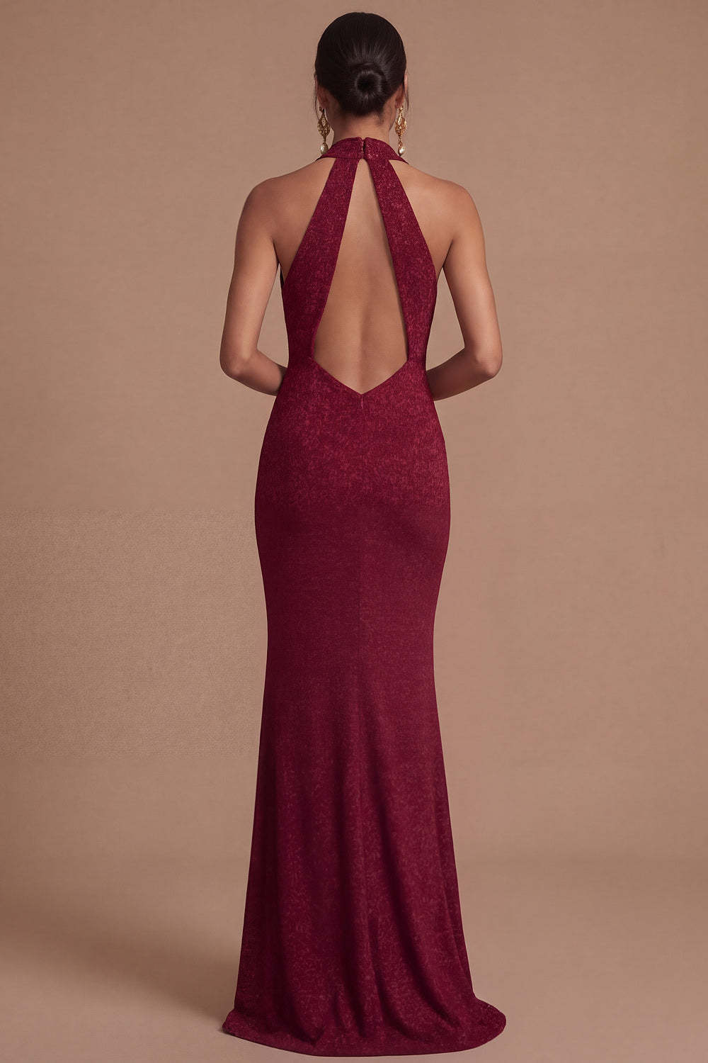 Burgundy Mermaid Halter Neck Ruched Long Wedding Guest Dress