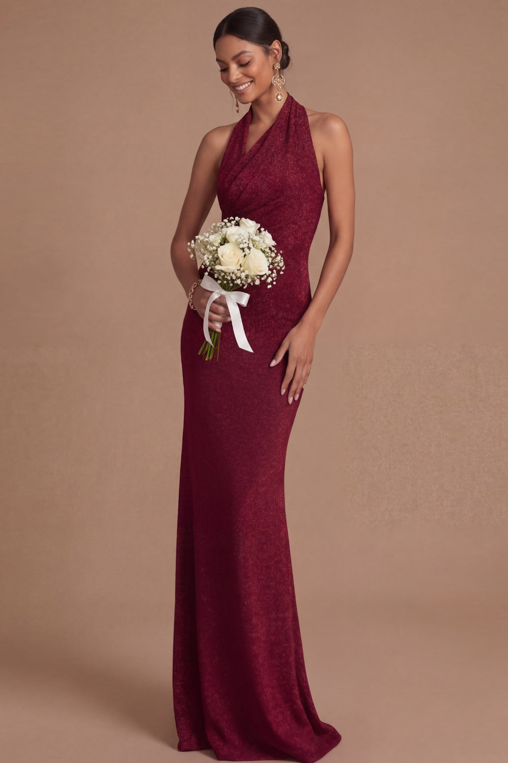 Burgundy Mermaid Halter Neck Ruched Long Wedding Guest Dress