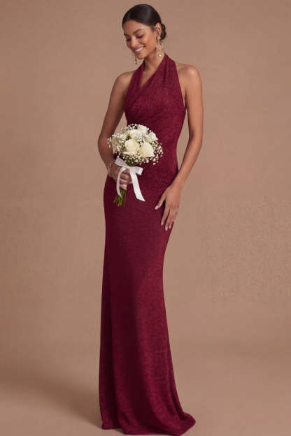 Burgundy Mermaid Halter Neck Ruched Long Wedding Guest Dress