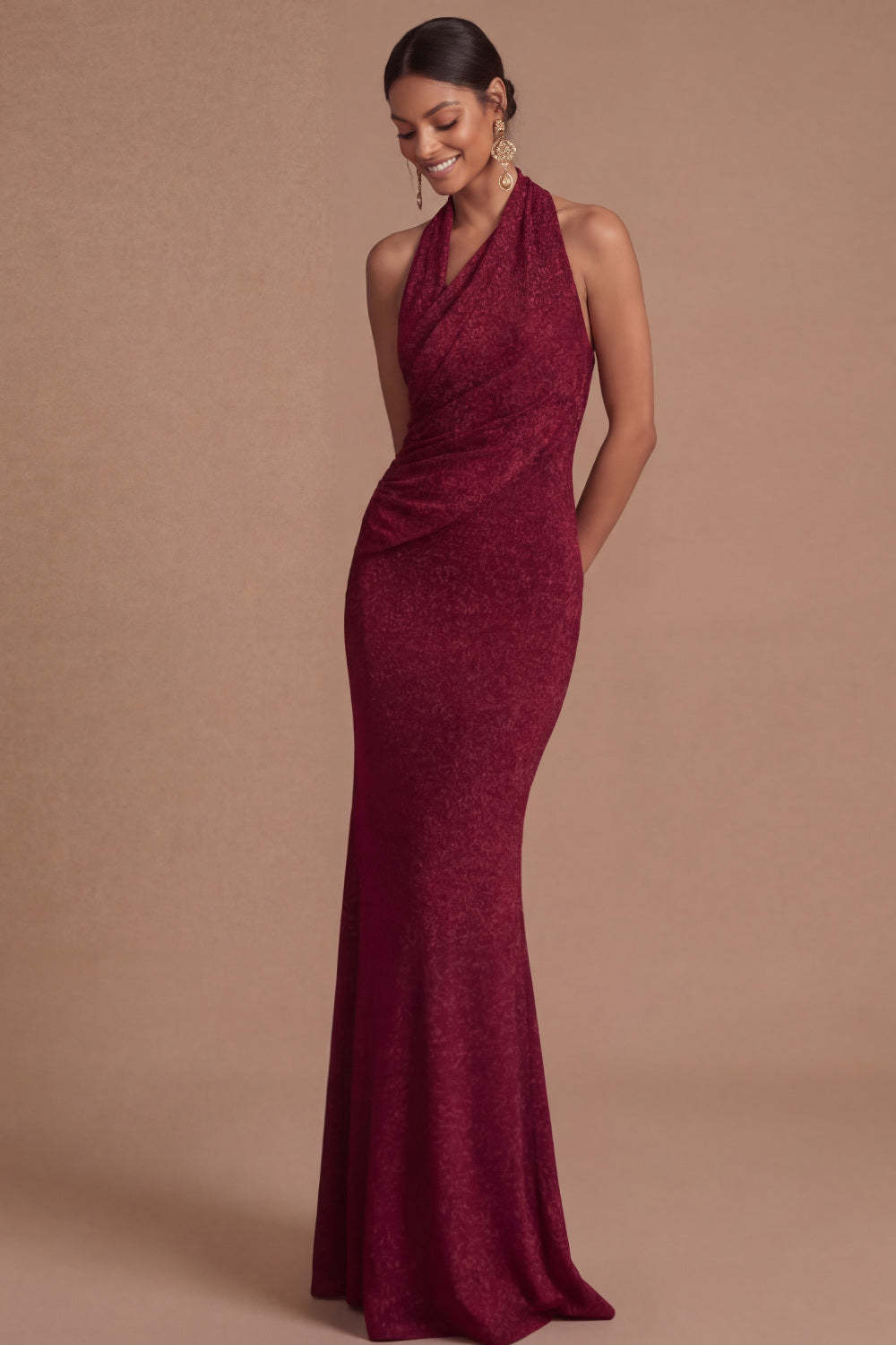 Burgundy Mermaid Halter Neck Ruched Long Wedding Guest Dress