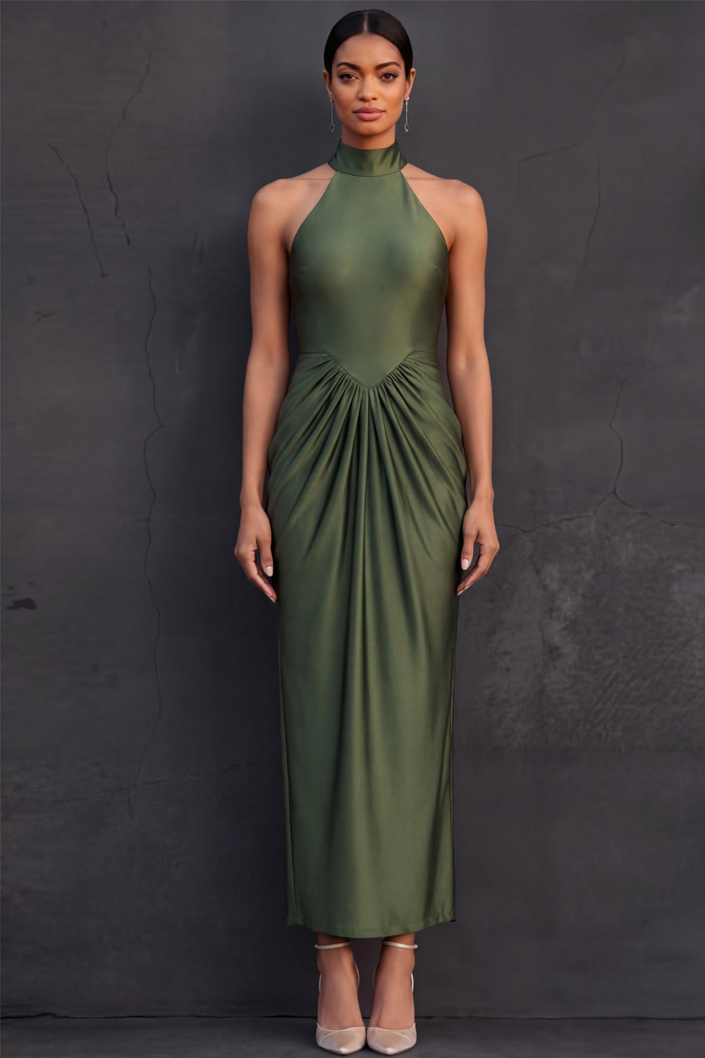 Leely Women Olive Halter Neck Ruched Sheath Midi Wedding Guest Dress High Waist Backless Sleeveless Formal Dress
