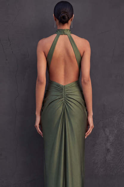 Olive Halter Neck Ruched Sheath High Waist Midi Wedding Guest Dress
