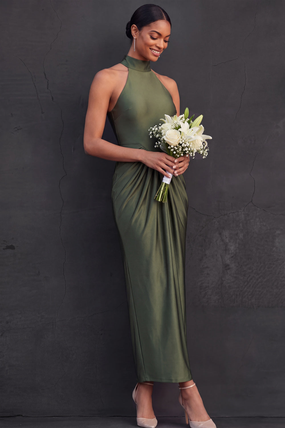 Olive Halter Neck Ruched Sheath High Waist Midi Wedding Guest Dress