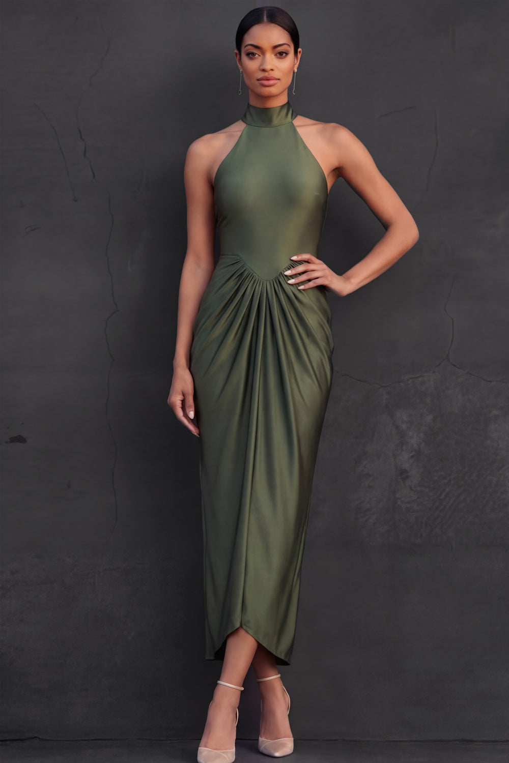 Olive Halter Neck Ruched Sheath High Waist Midi Wedding Guest Dress