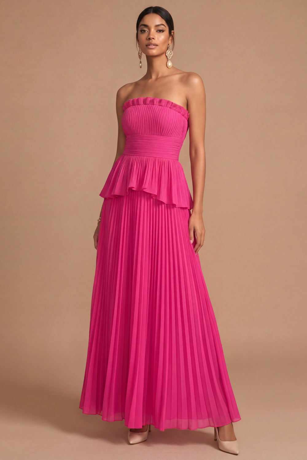Leely Women Raspberry A Line Long Formal Dress Ruffled Strapless Pleated Wedding Guest Dress