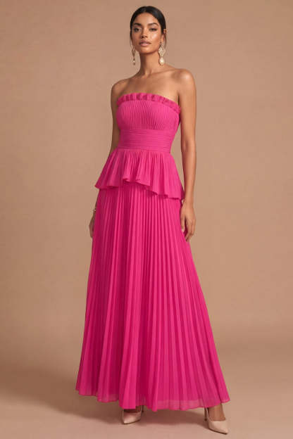 Leely Women Raspberry A Line Long Formal Dress Ruffled Strapless Pleated Wedding Guest Dress