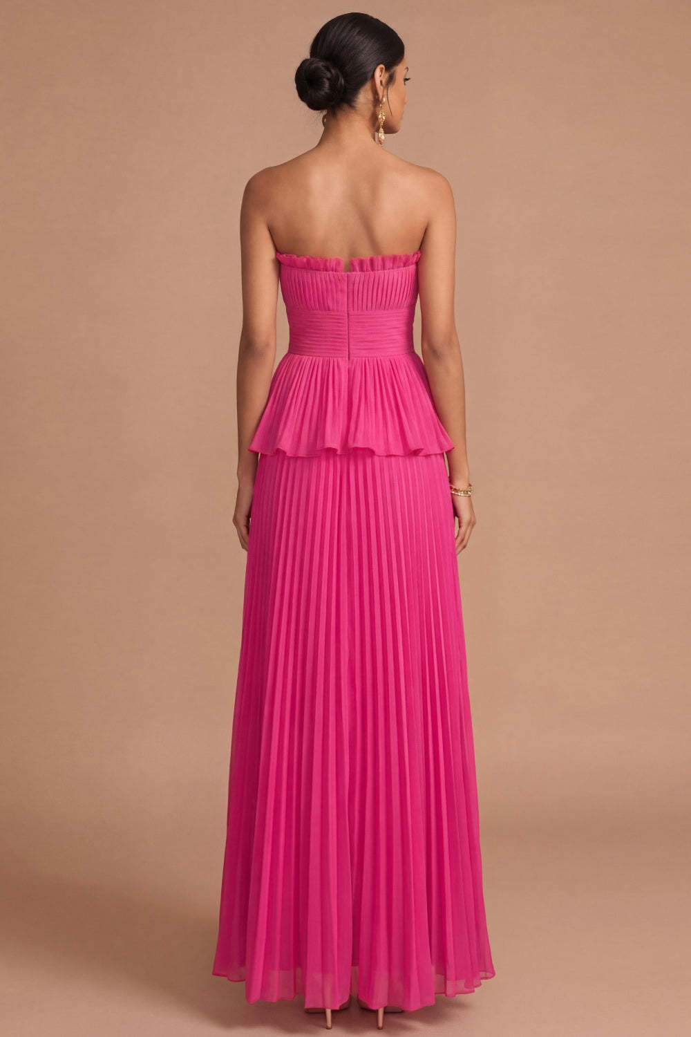 Raspberry Strapless Pleated A Line Long Formal Dress with Ruffles