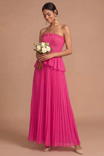 Raspberry Strapless Pleated A Line Long Formal Dress with Ruffles