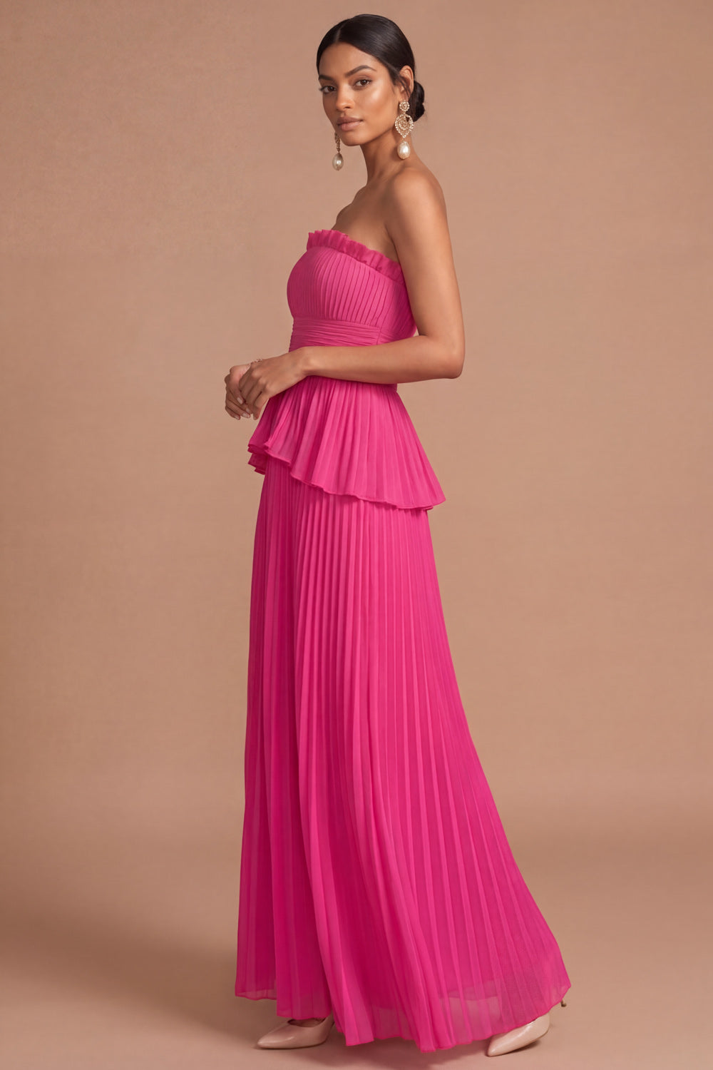 Raspberry Strapless Pleated A Line Long Formal Dress with Ruffles