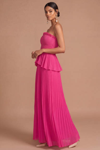 Raspberry Strapless Pleated A Line Long Formal Dress with Ruffles