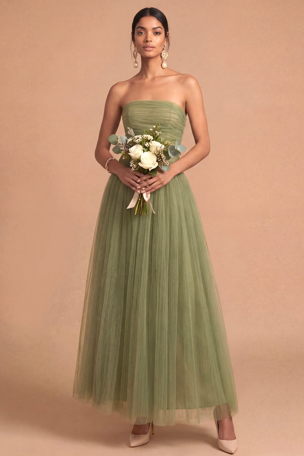 Olive A Line Strapless Backless Pleated Long Wedding Guest Dress
