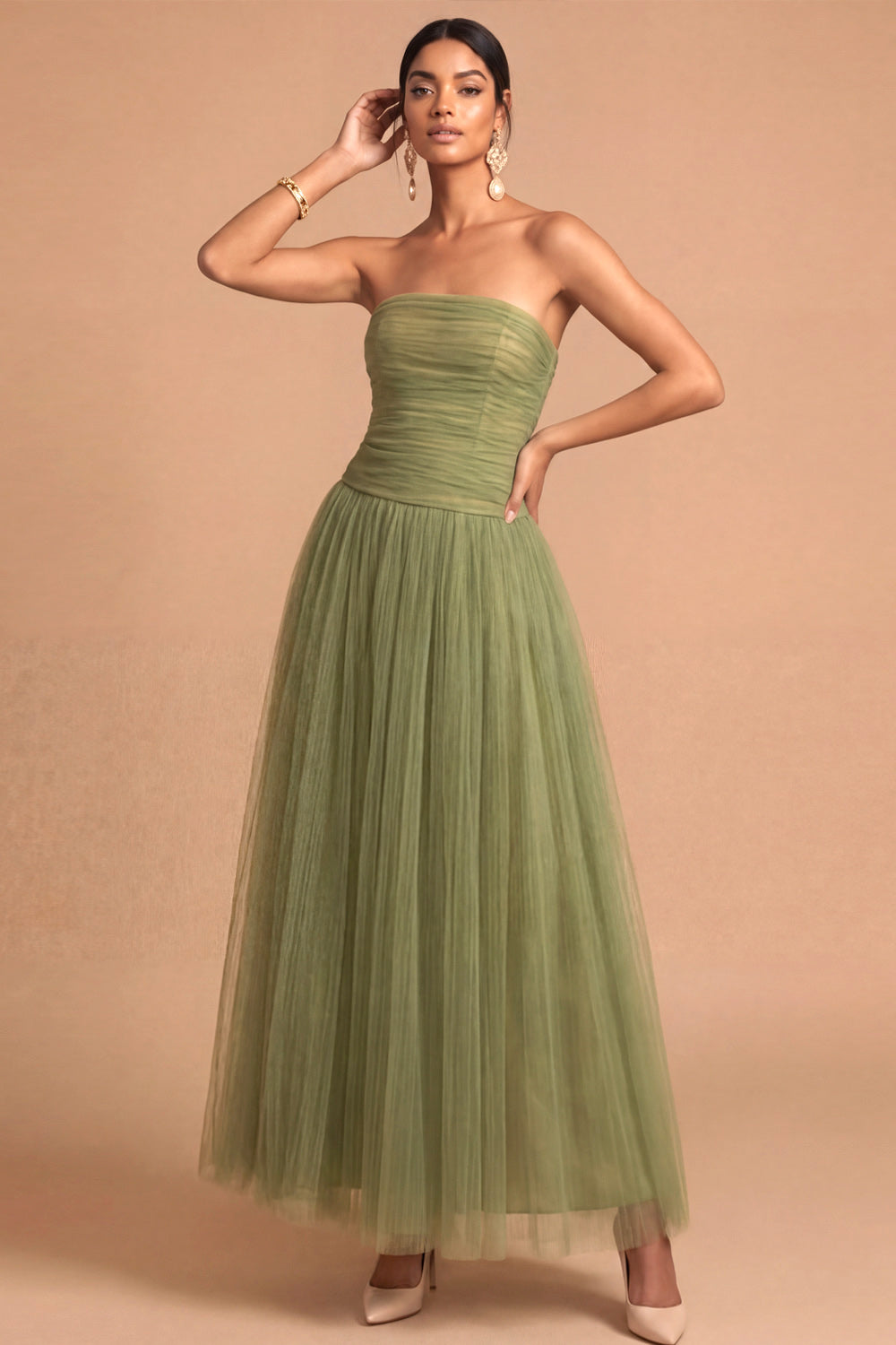 Olive A Line Strapless Backless Pleated Long Wedding Guest Dress