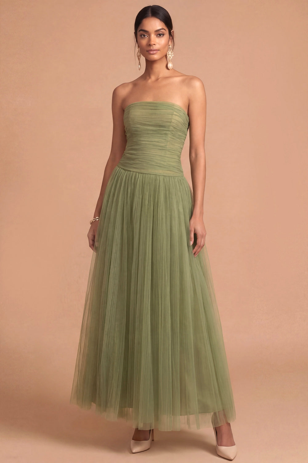 Olive A Line Strapless Backless Pleated Long Wedding Guest Dress