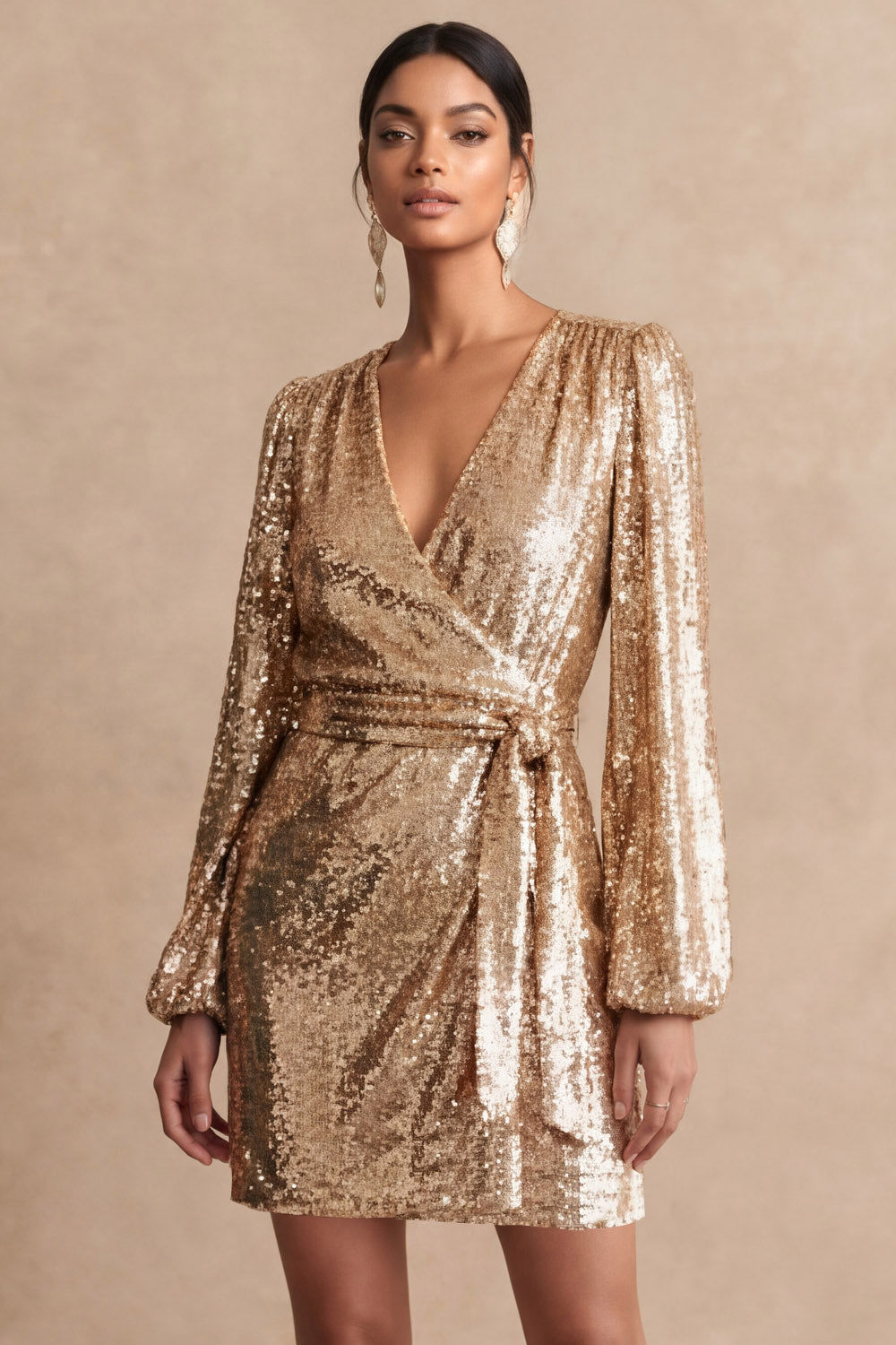Leely Women Champagne Sequined Short Formal Dress with Sash Bodycon V-Neck Cocktail Dress with Sleeves