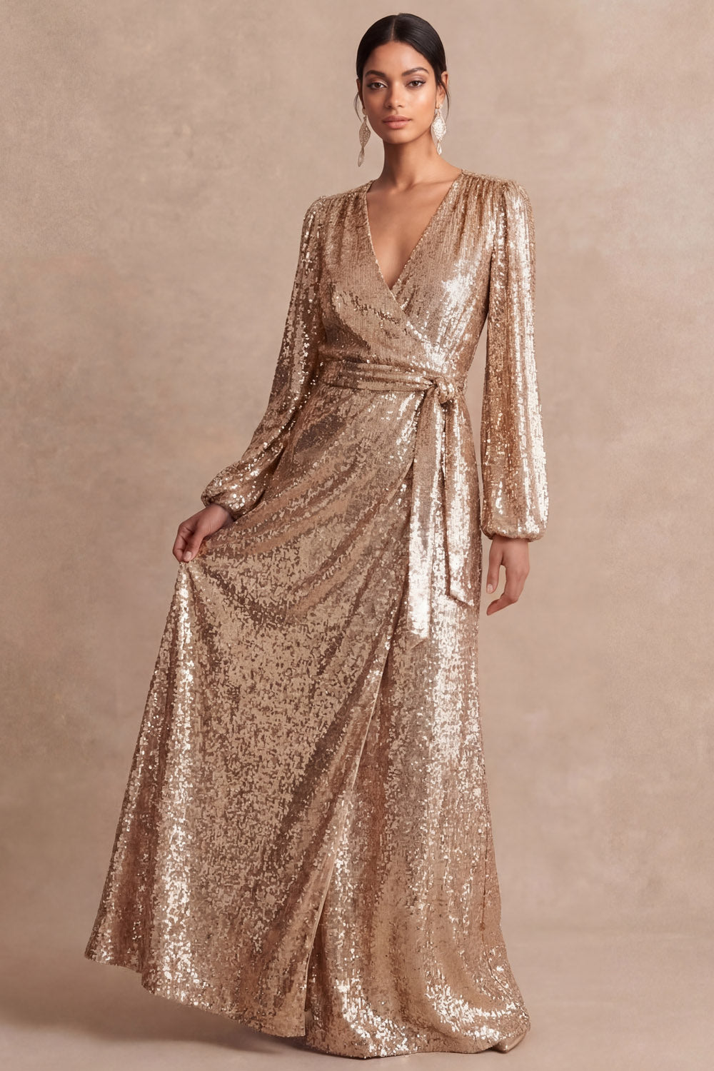 Leely Women Long Sleeves Sparkly Champagne Sheath Long Wedding Guest Dress Long Sleeves V Neck Evening Dress