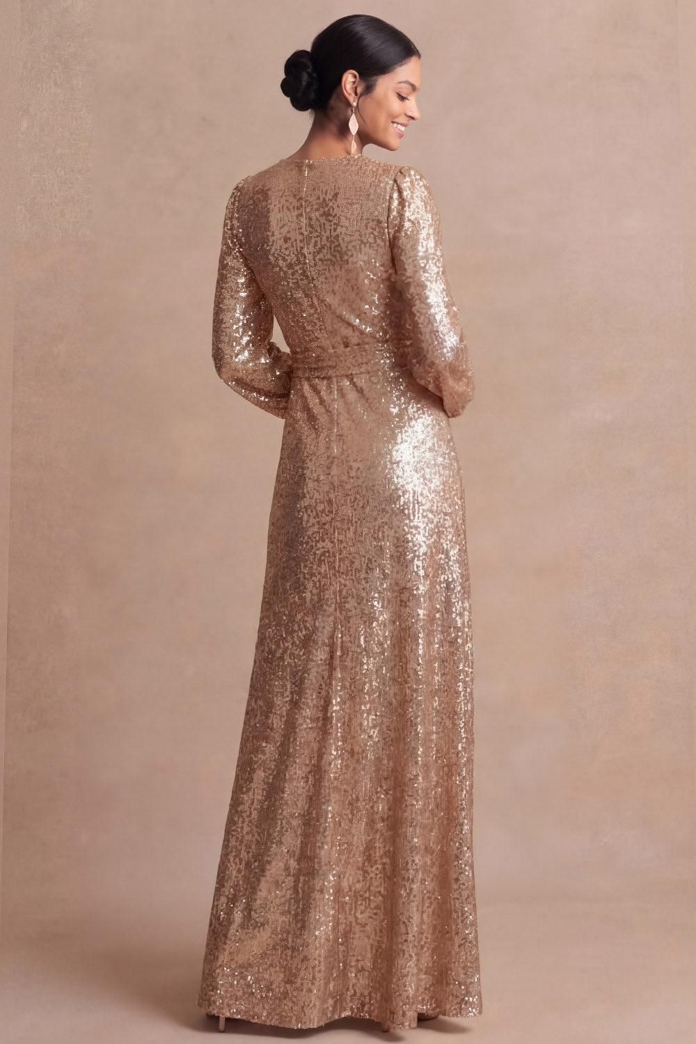 Long Sleeves Sparkly Champagne V Neck Sheath Long Wedding Guest Dress