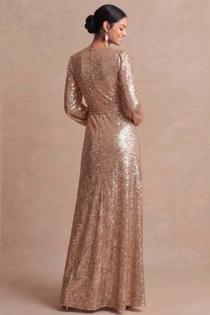 Long Sleeves Sparkly Champagne V Neck Sheath Long Wedding Guest Dress