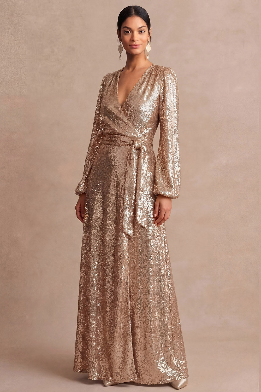 Long Sleeves Sparkly Champagne V Neck Sheath Long Wedding Guest Dress