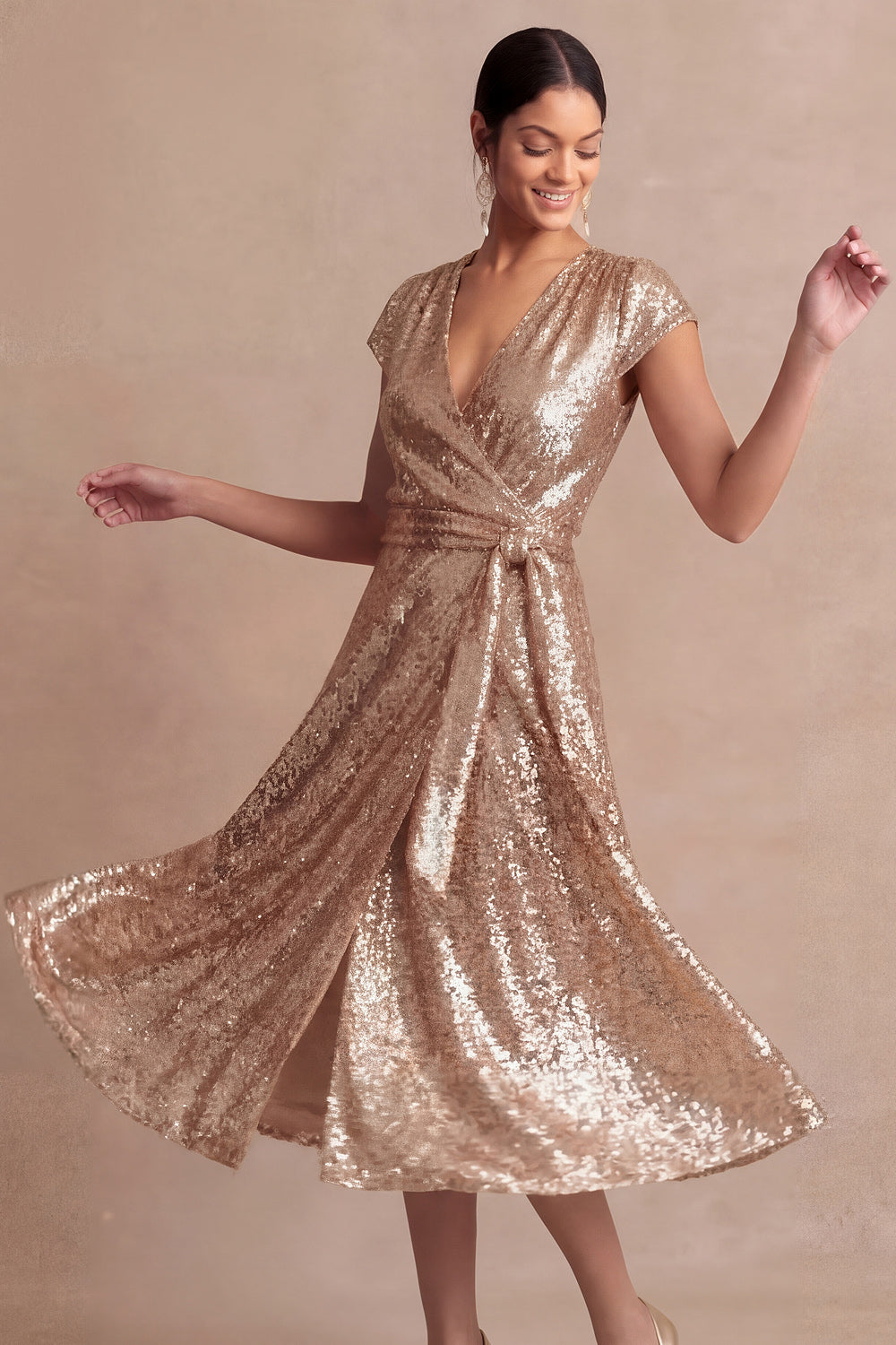 Sparkly Champagne V Neck A Line Midi Wedding Guest Dress with Slit