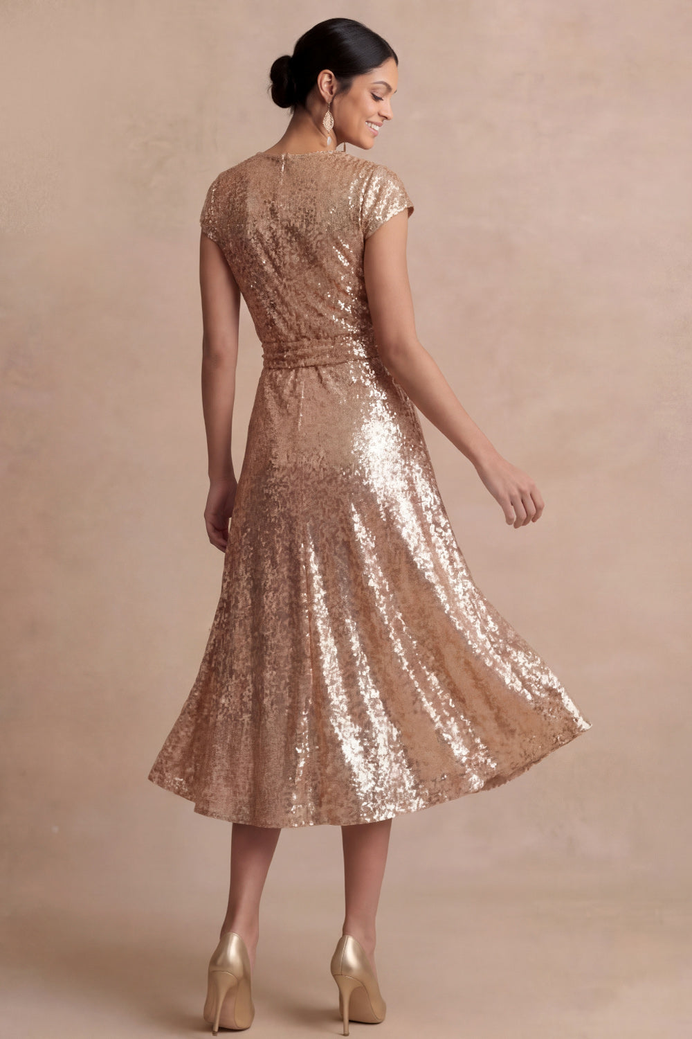 Sparkly Champagne V Neck A Line Midi Wedding Guest Dress with Slit