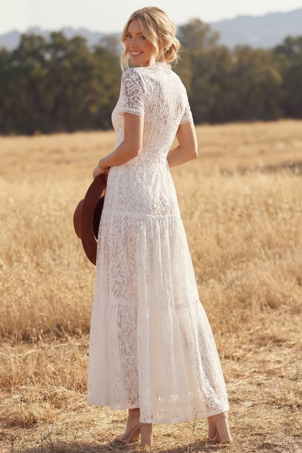 White Lace Keyhole A Line Maxi Boho Western Wedding Dress with Sleeves