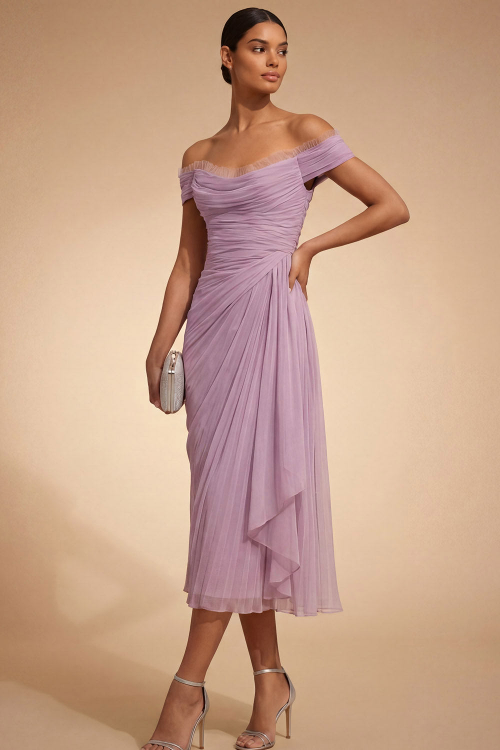 Leely Women Lilac Midi Beach Wedding Guest Dress with Drape Off the Shoulder Ruffled Ruched Formal Dress