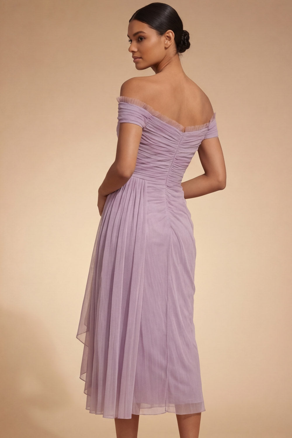 Lilac Chiffon Midi Ruched Sheath Wedding Guest Dress with Drape