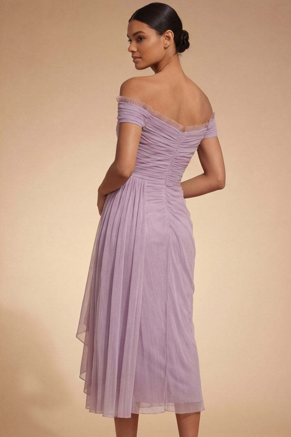 Lilac Chiffon Midi Ruched Sheath Wedding Guest Dress with Drape