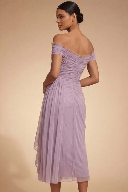 Lilac Chiffon Midi Ruched Sheath Wedding Guest Dress with Drape