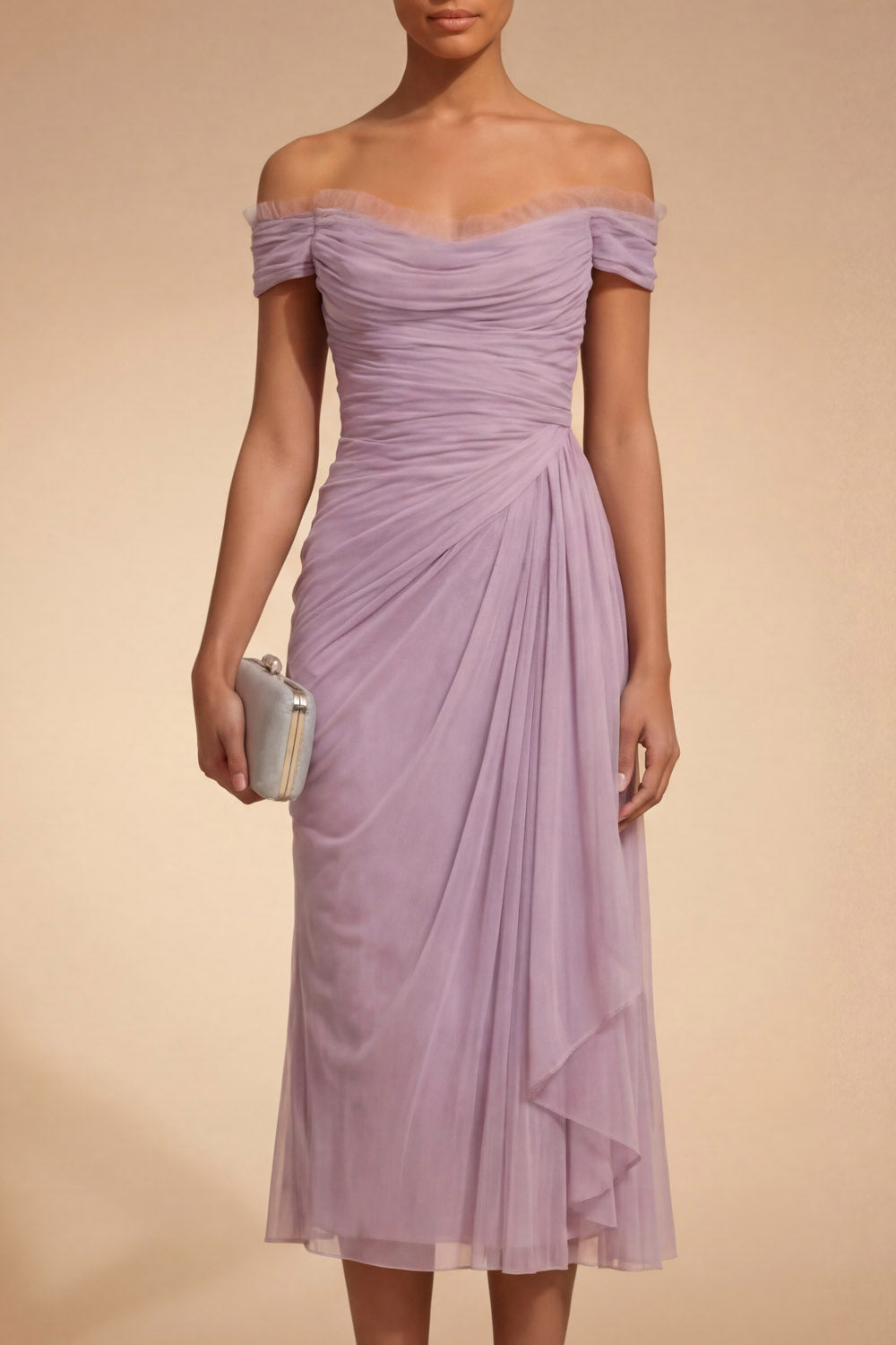 Lilac Chiffon Midi Ruched Sheath Wedding Guest Dress with Drape