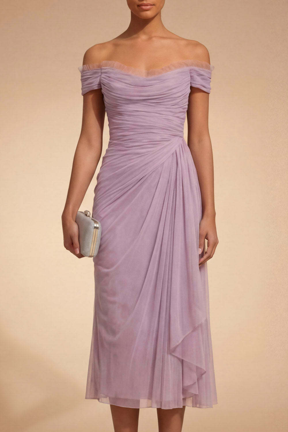 Lilac Chiffon Midi Ruched Sheath Wedding Guest Dress with Drape