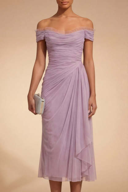 Lilac Chiffon Midi Ruched Sheath Wedding Guest Dress with Drape