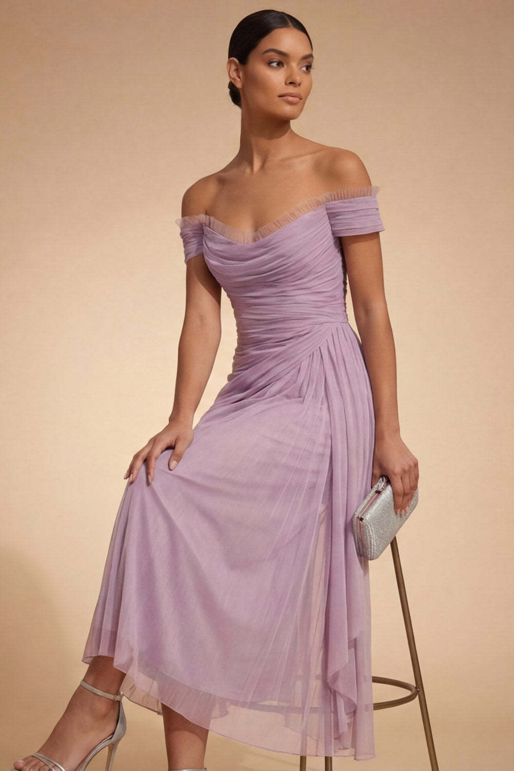 Lilac Chiffon Midi Ruched Sheath Wedding Guest Dress with Drape