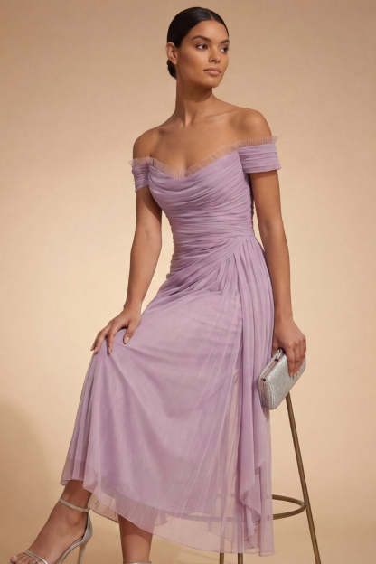 Lilac Chiffon Midi Ruched Sheath Wedding Guest Dress with Drape