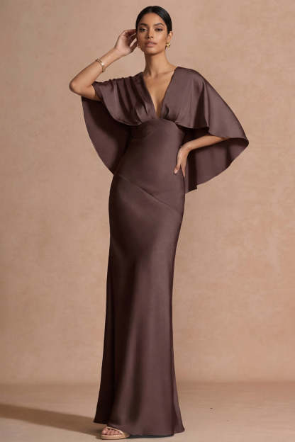 Leely Women Chocolate Satin Long Mother of the Bride Dress with Cape Mermaid V Neck Wedding Guest Dress