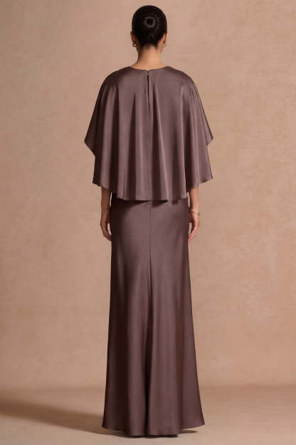 Chocolate Mermaid Satin Long Mother of the Bride Dress with Cape