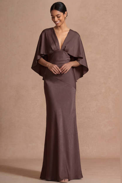 Chocolate Mermaid Satin Long Mother of the Bride Dress with Cape