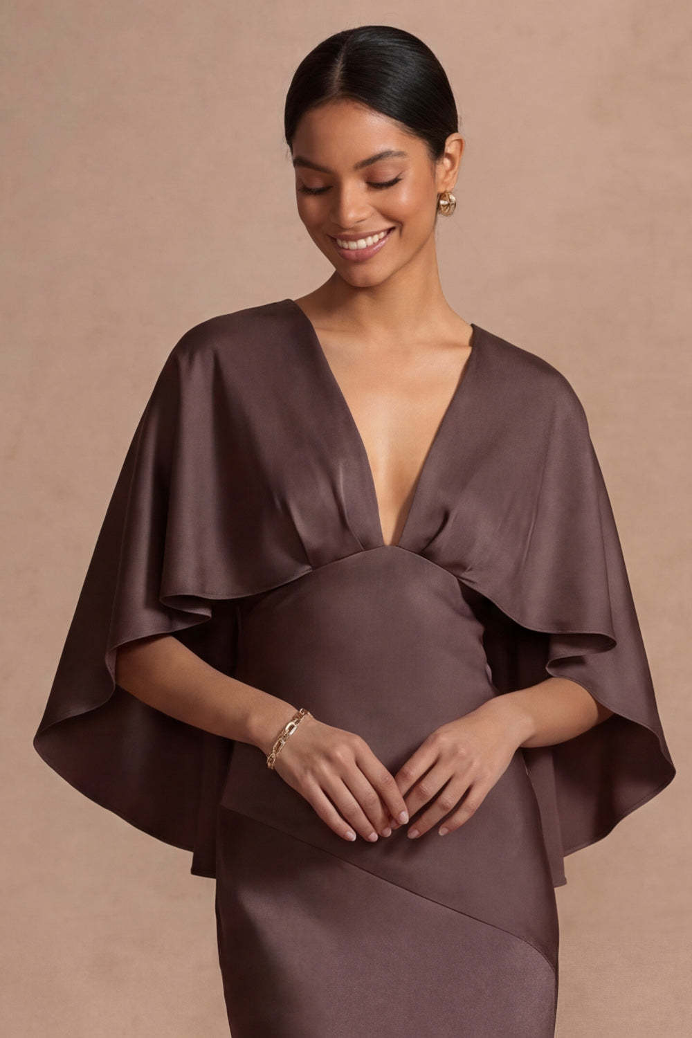 Chocolate Mermaid Satin Long Mother of the Bride Dress with Cape