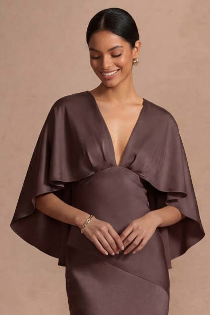 Chocolate Mermaid Satin Long Mother of the Bride Dress with Cape