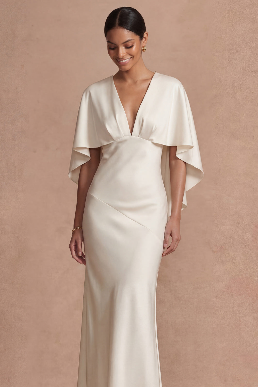 Chocolate Mermaid Satin Long Mother of the Bride Dress with Cape