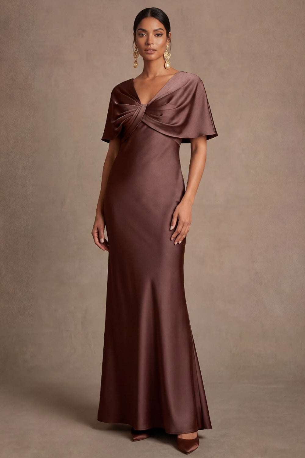Chocolate V Neck Satin Mermaid Ruched Long Wedding Guest Dress